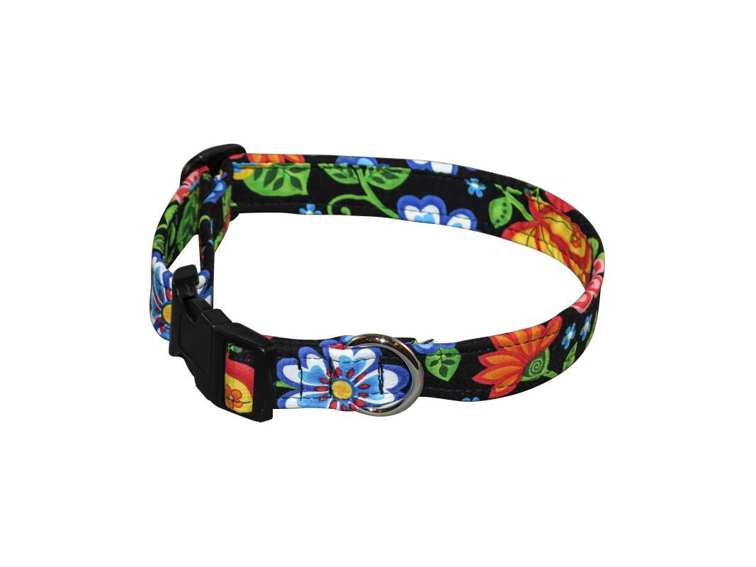 Colorful floral dog collar with metal buckle and D-ring