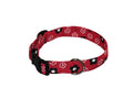 Red dog collar with black and white floral pattern and metal buckle