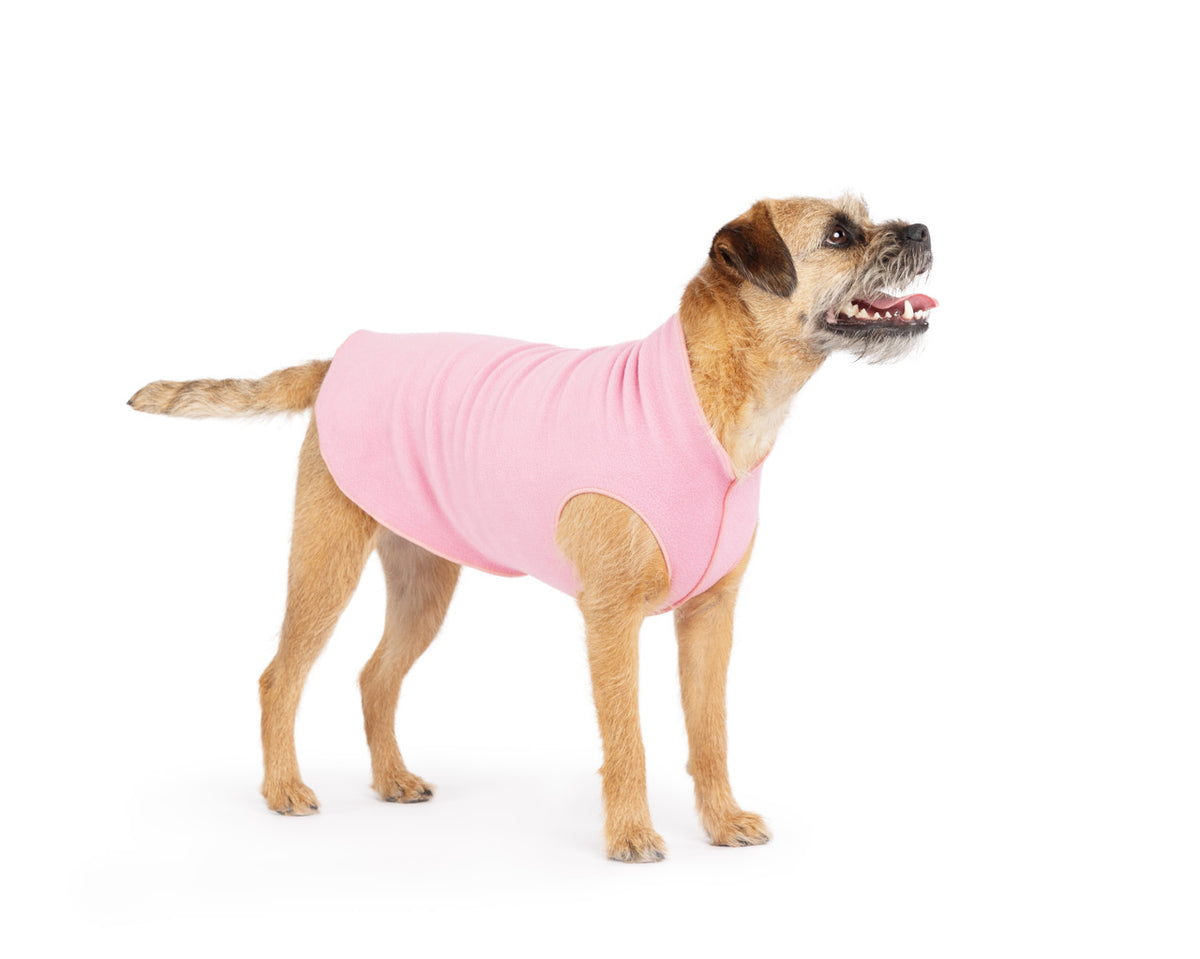 Rose pink stretch fleece dog coat with elastic leg openings