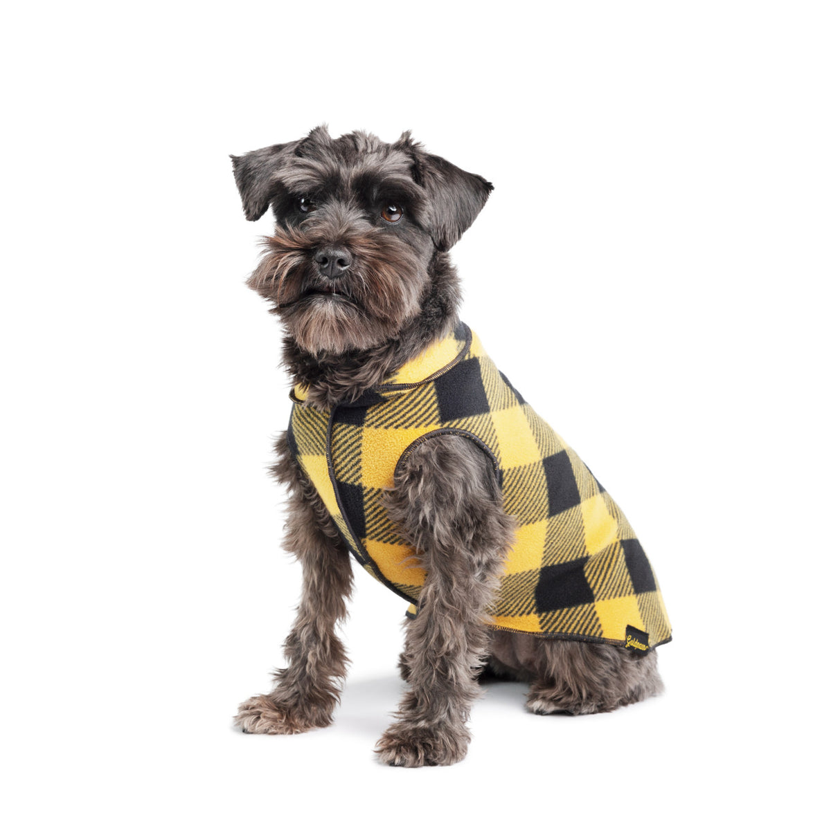 Stretch fleece dog coat in yellow and black buffalo check with neck trim