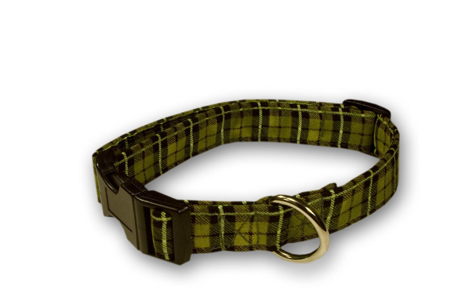 Green plaid dog collar with metal buckle and D-ring