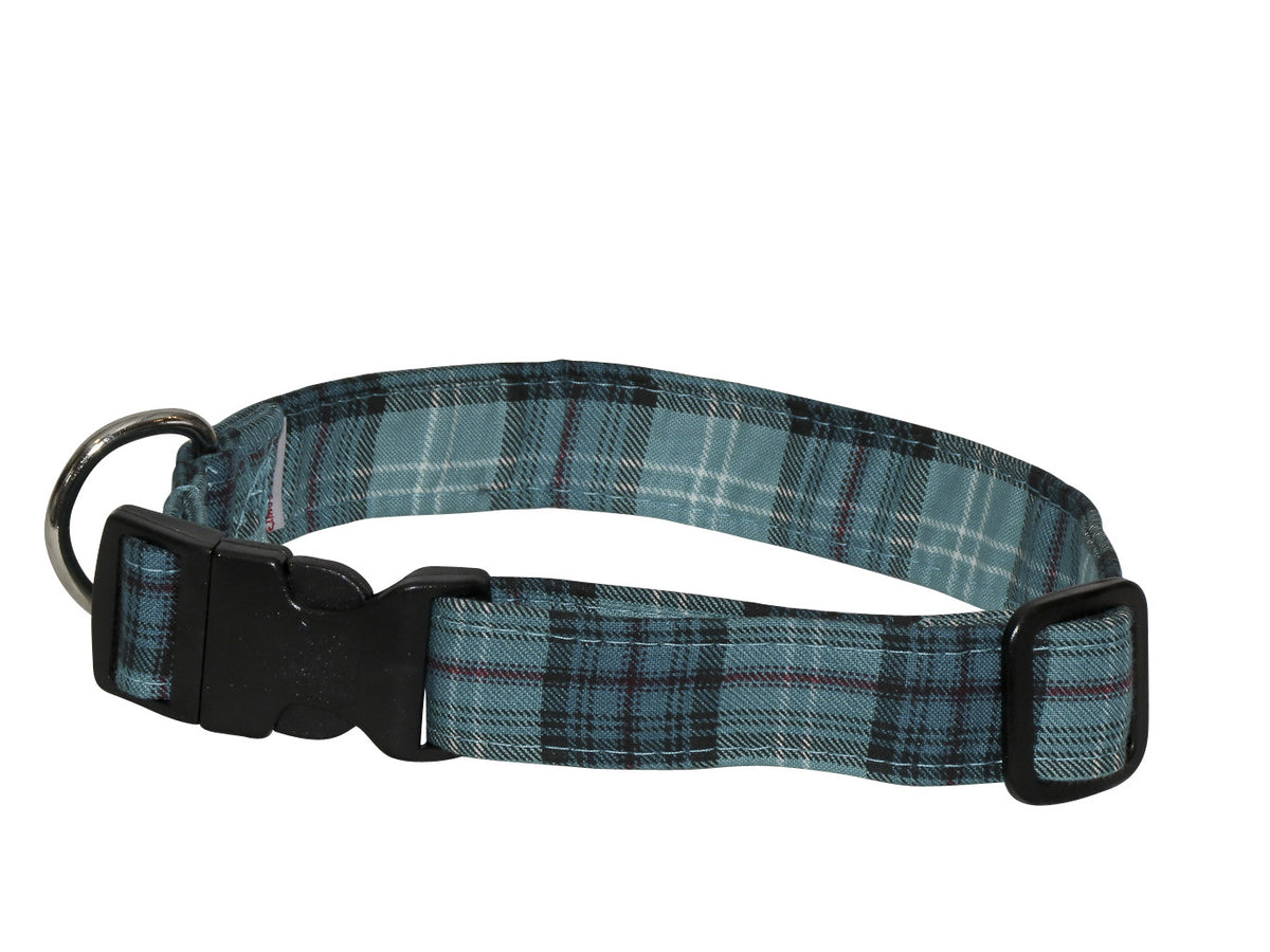 Teal and black tartan dog collar with metal D-ring and black buckle