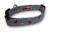 Ladybug patterned dog collar with blue fabric and adjustable brass buckle