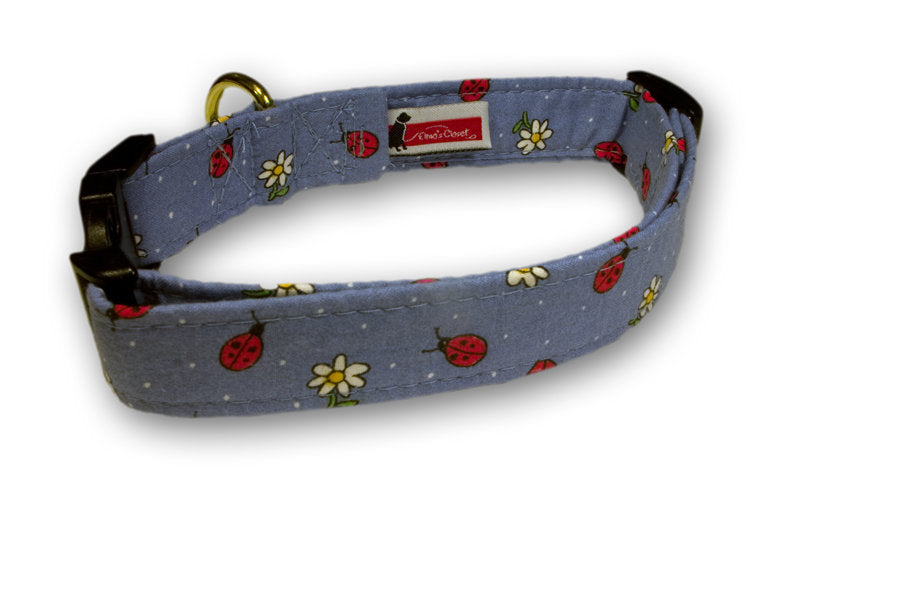 Ladybug patterned dog collar with blue fabric and adjustable brass buckle
