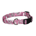Pink paisley fabric dog collar with black buckle and metal ring