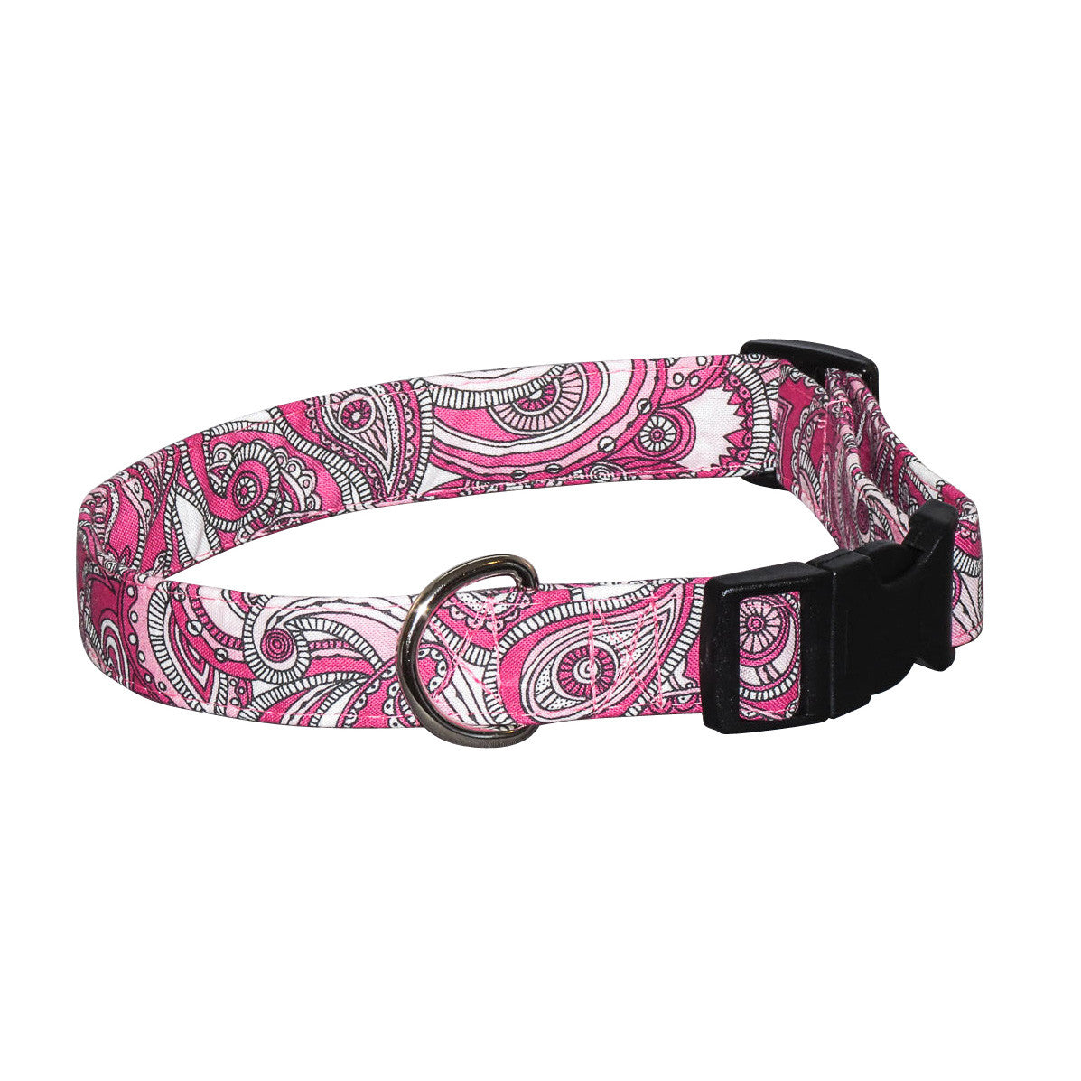 Pink paisley fabric dog collar with black buckle and metal ring