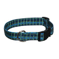 Blue and green plaid dog collar with black buckle and metal D-ring.