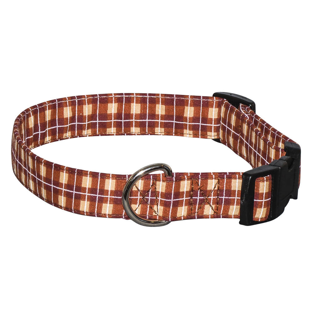 Brown plaid dog collar with black buckle and D-ring