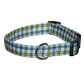 Teal and olive plaid dog collar with metal D-ring and black buckle tab