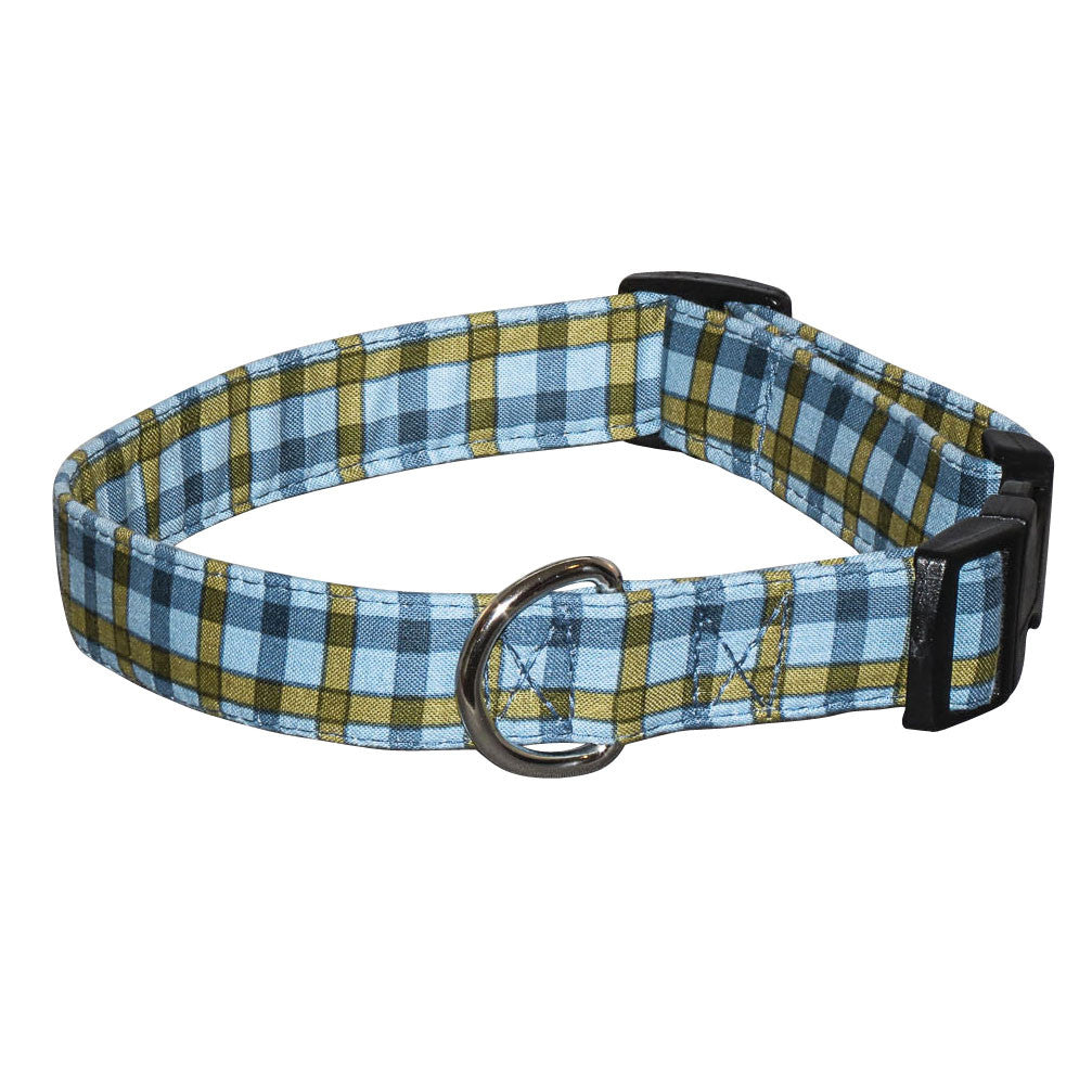 Teal and olive plaid dog collar with metal D-ring and black buckle tab