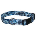Christina dog collar in blue floral pattern with metal D-ring and buckle