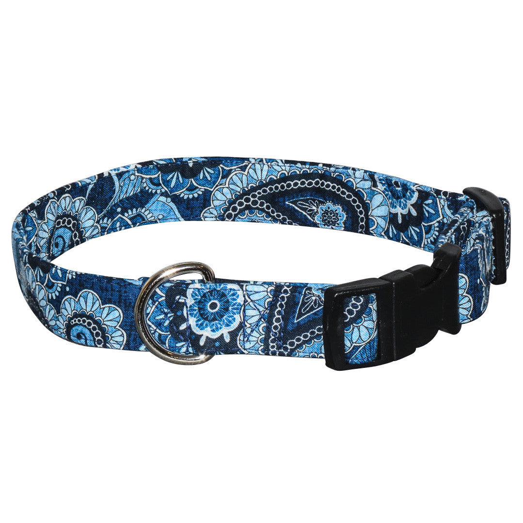 Christina dog collar in blue floral pattern with metal D-ring and buckle