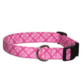 Pink plaid dog collar with black buckle and metal D-ring
