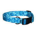 Teal filigree dog collar with black buckle and D-ring, blue patterned fabric