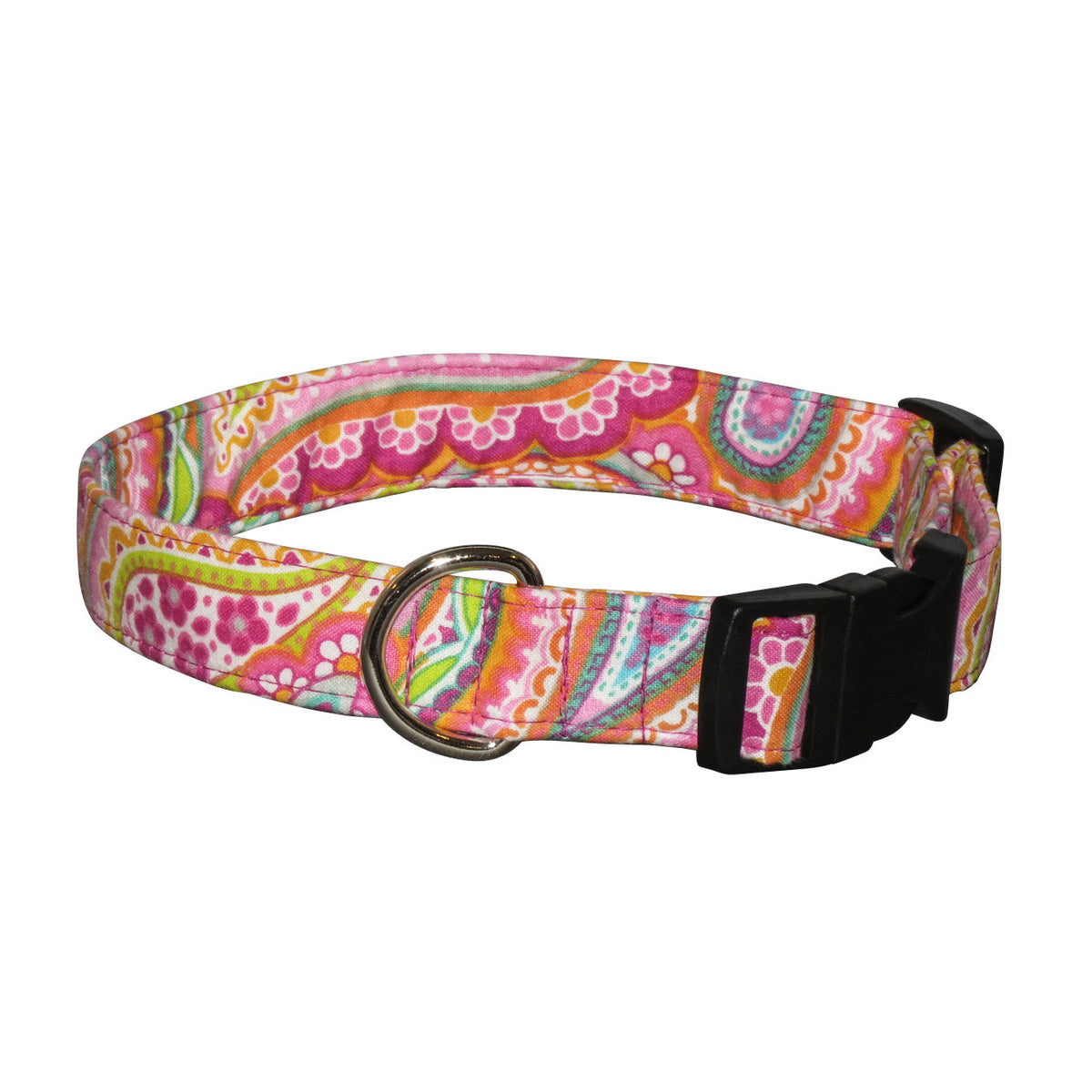Elmo's Closet Jessica dog collar, multicolor patterned fabric, black buckle and metal D-ring