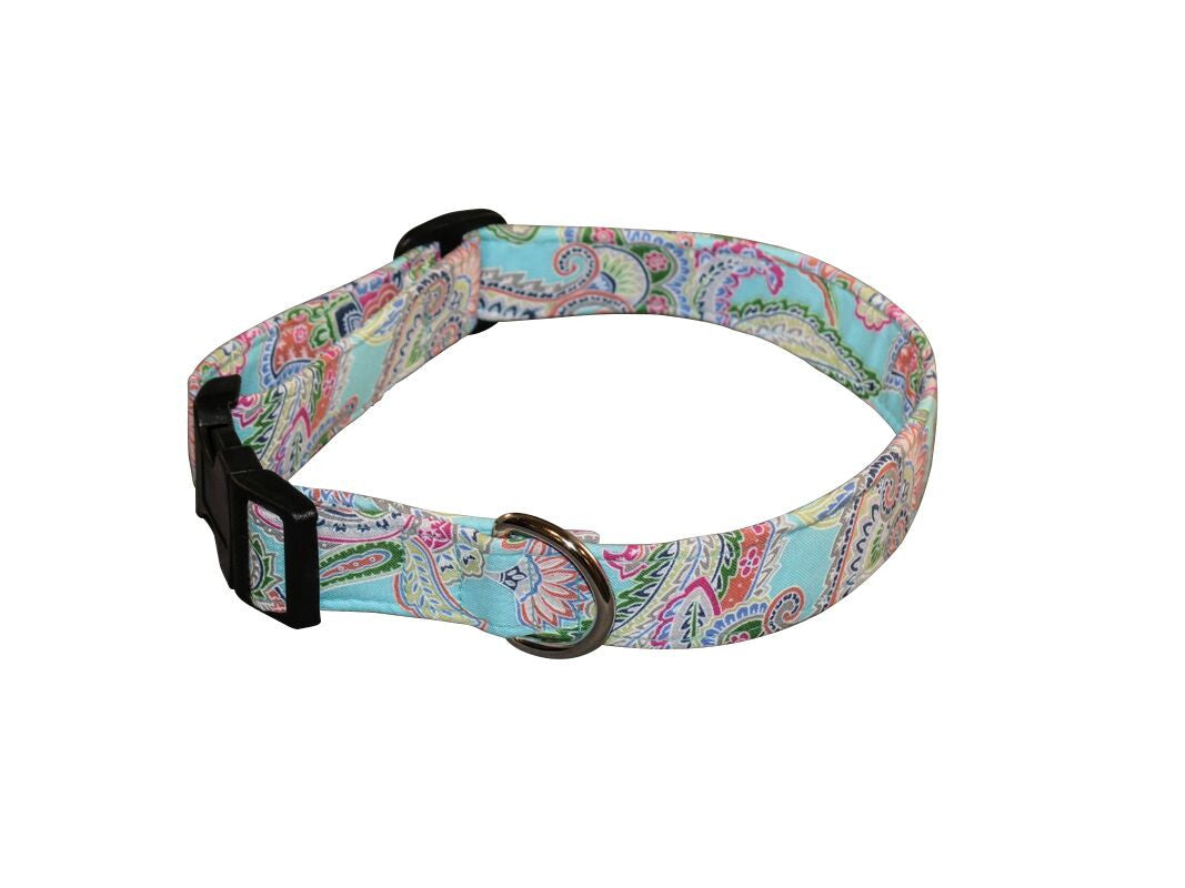 Olivia dog collar with paisley print, teal fabric and black buckle