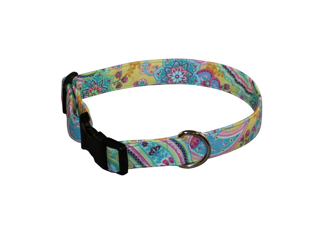 Colorful patterned dog collar with black buckle and metal ring