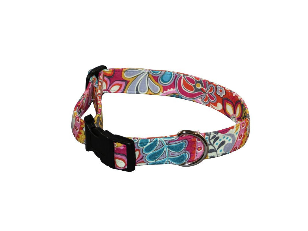 Elmo's Closet gypsy dog collar with multicolor patterned strap and black buckle backing