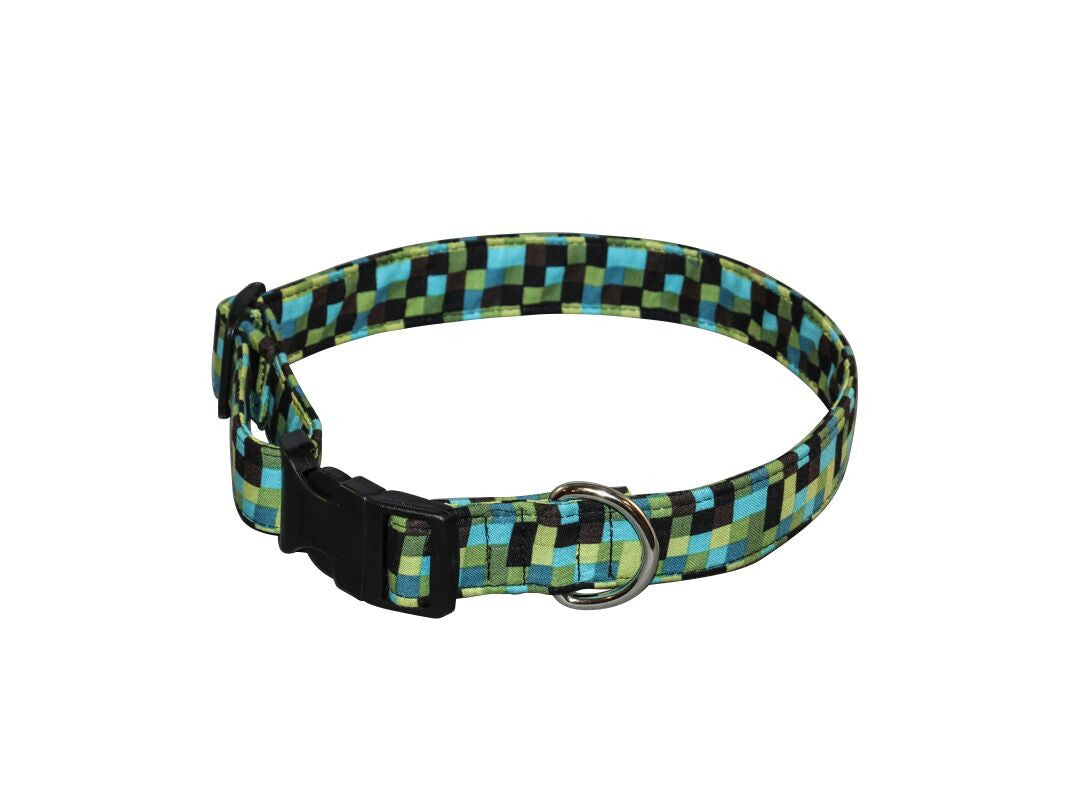 Bedrock check dog collar, green-blue plaid with black buckle and metal ring