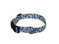 Blue mosaic pattern dog collar with black buckle and metal ring