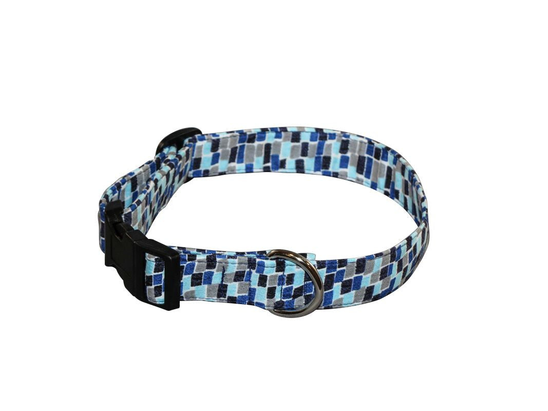 Blue mosaic pattern dog collar with black buckle and metal ring