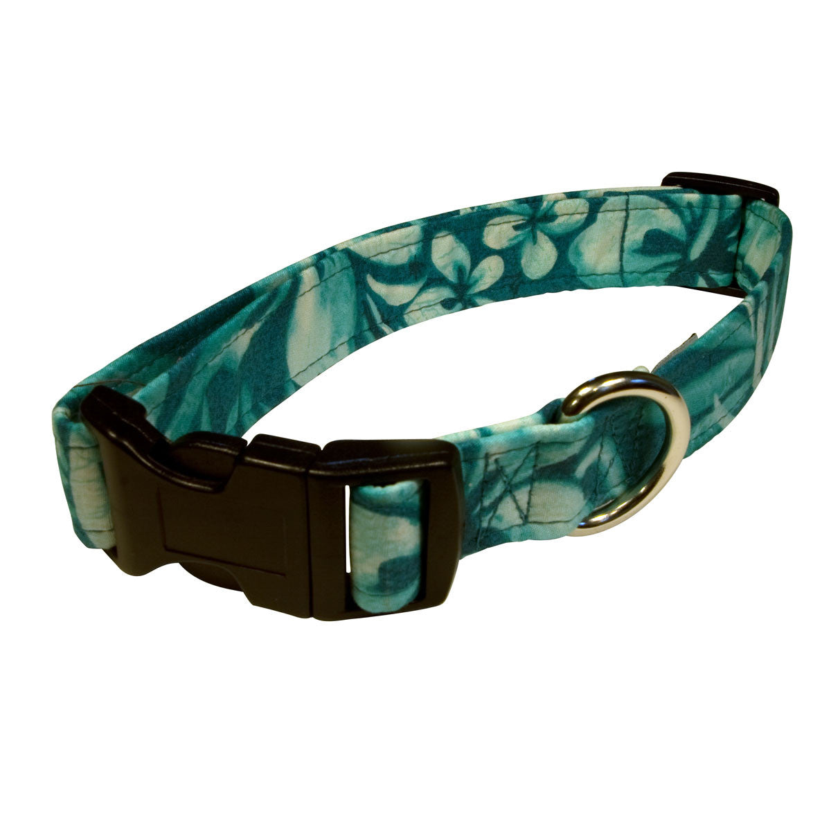 Dog collar with teal leaf pattern fabric, black buckle, gold D-ring