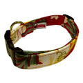 Elmo's Closet Hawaiian Tropics dog collar, tropical red-green leaf print with gold ring