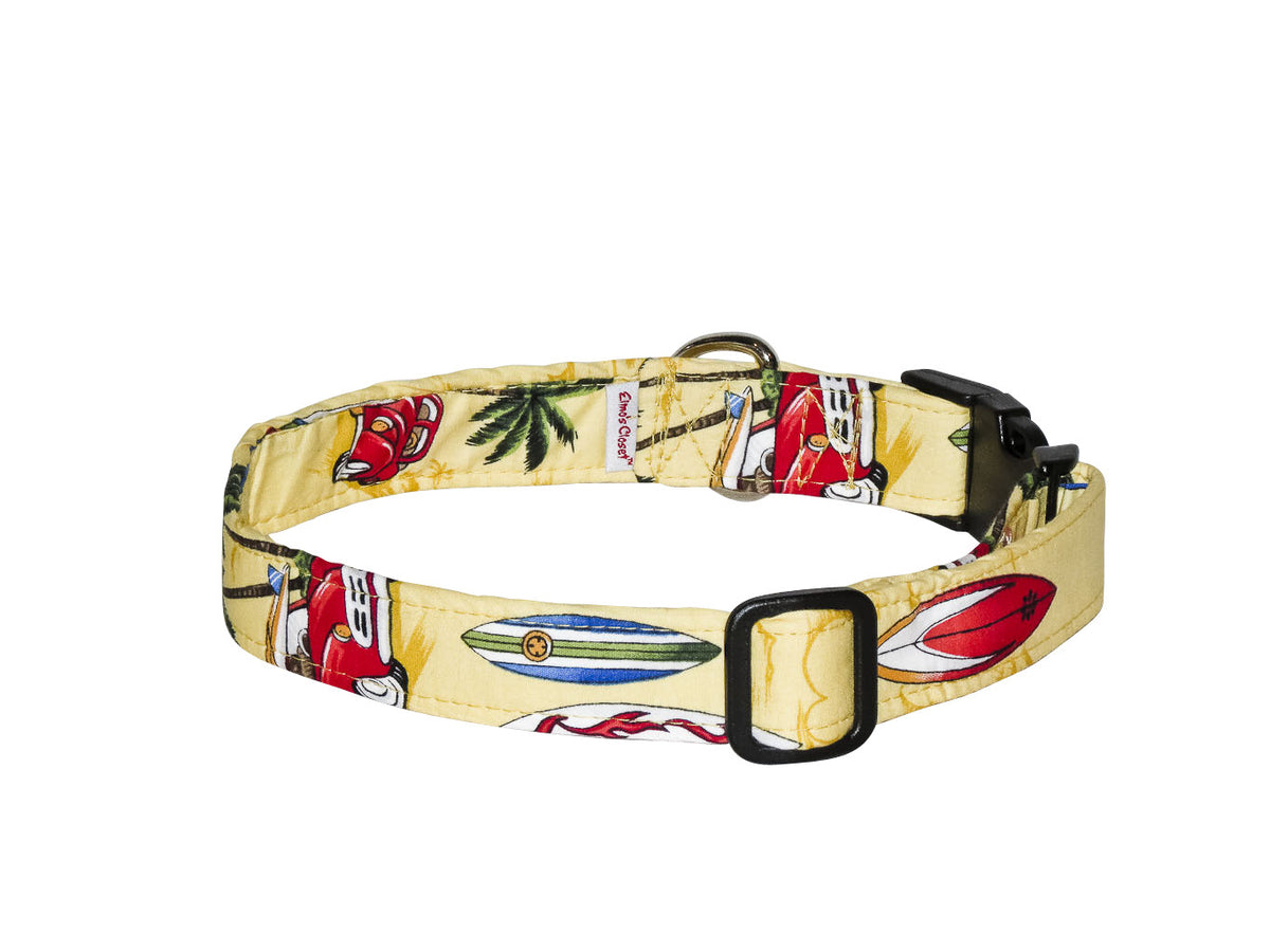 Elmo's Closet dog collar with yellow surfboard pattern, black buckle and D-ring.