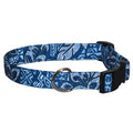 Blue tropical print dog collar with metal D-ring and black plastic buckle
