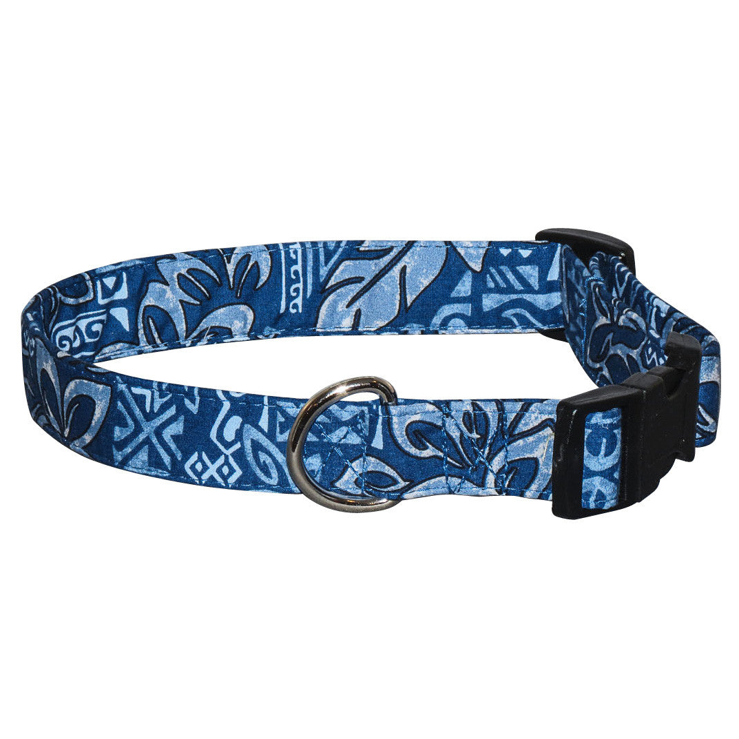 Blue tropical print dog collar with metal D-ring and black plastic buckle