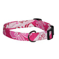 Pink floral dog collar with black buckle and adjustable strap