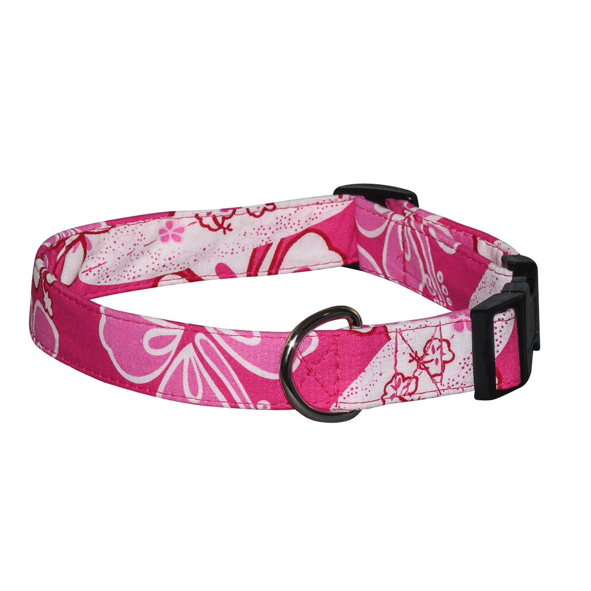 Pink floral dog collar with black buckle and adjustable strap