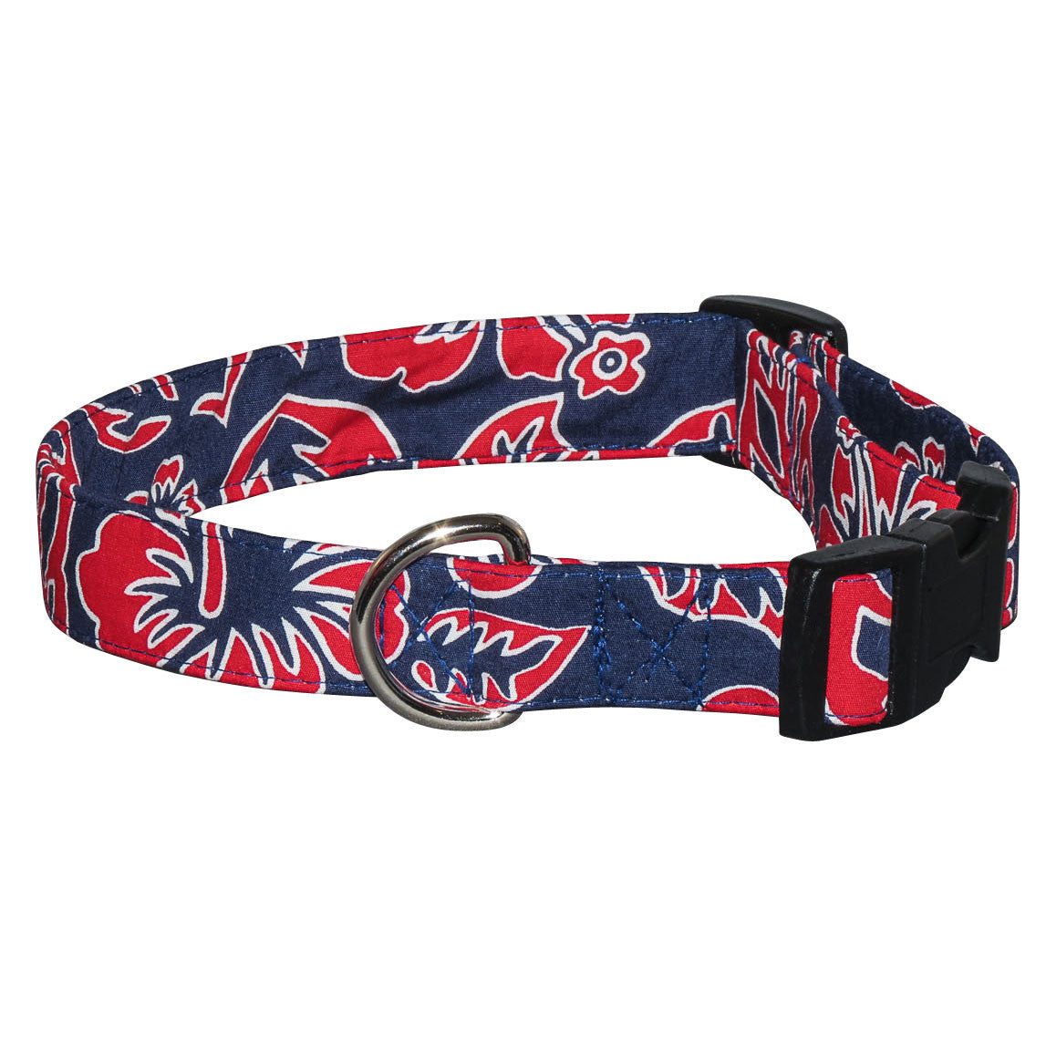 Navy dog collar with red and white pattern, black buckle and metal D-ring
