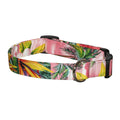 Pink tropical-print dog collar with black buckle and metal D-ring