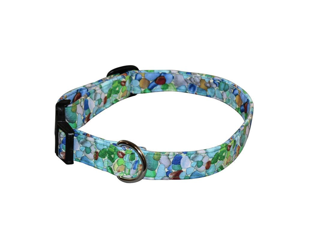 Elmo's Closet sea glass dog collar, blue-green mosaic print with metal buckle