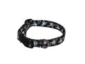 Pirates-themed dog collar with skull and crossbones print on black fabric, metal buckle