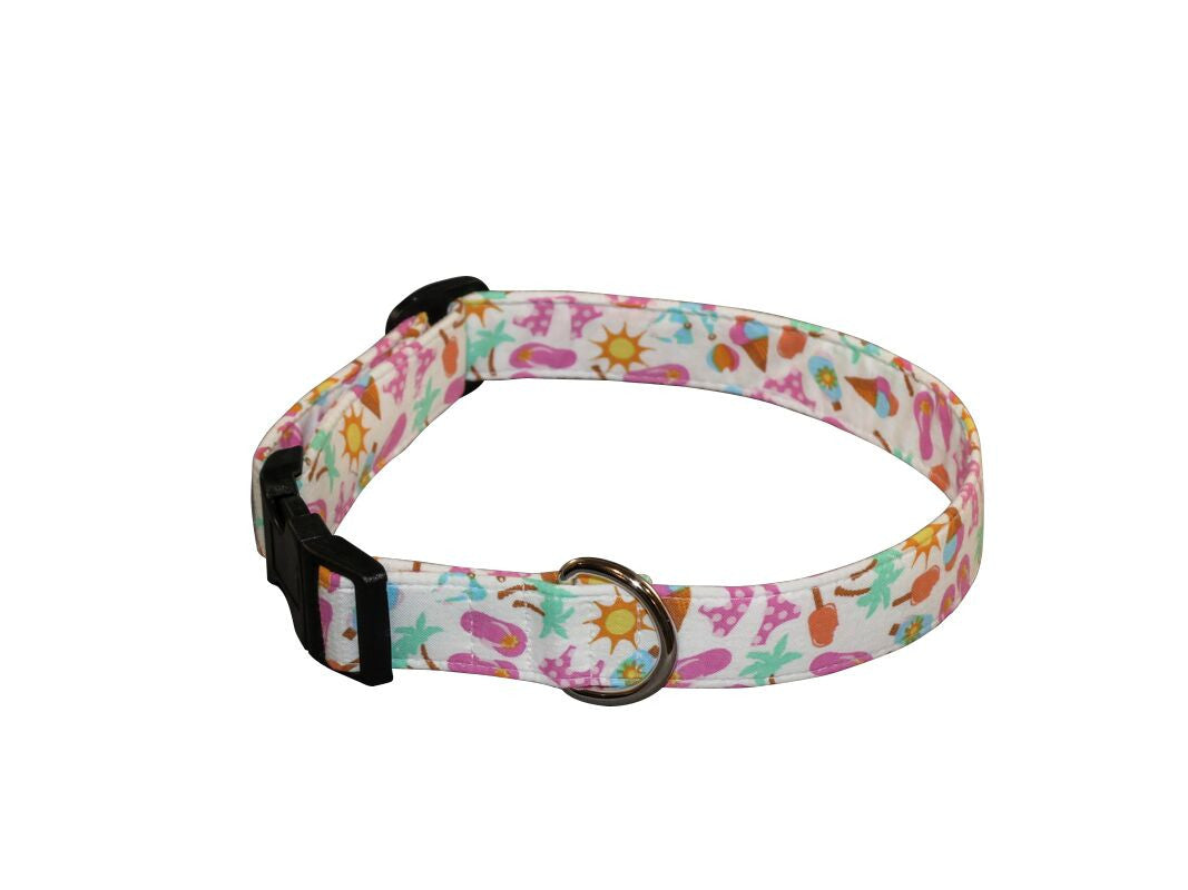 Elmo's Closet dog collar with colorful beach pattern, adjustable buckle and D-ring