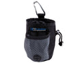Black dog treat carry bag with mesh side pocket, carabiner clip and drawstring pull