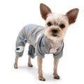 Gray pet pajamas with blue and pink birdie prints, paw legs and full belly coverage