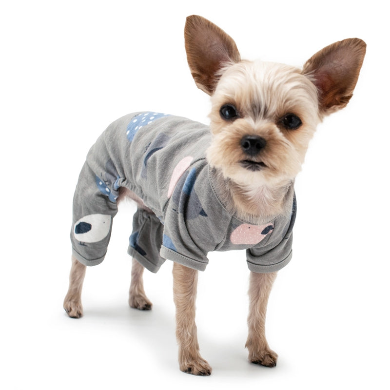 Gray pet pajamas with blue and pink birdie prints, paw legs and full belly coverage