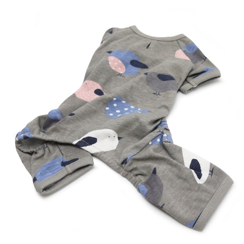 Gray pet pajamas with all-over bird prints, long pants with cuffed openings