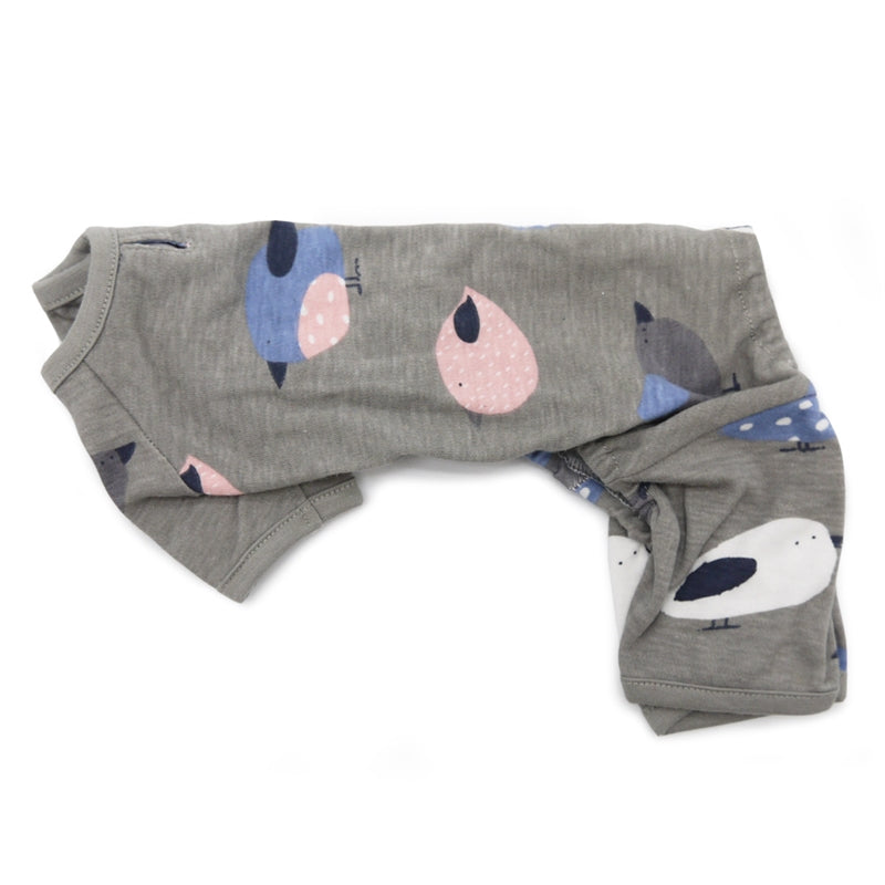 Gray pet pajamas with bird pattern, laid flat to show sleeves and pant legs