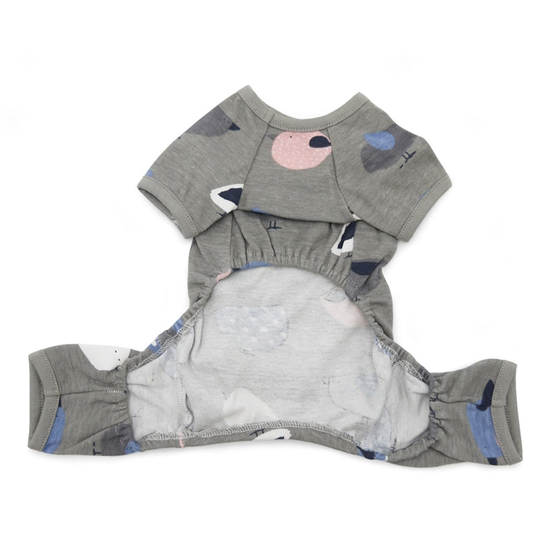 Gray pet pajamas with birdie prints, front view showing round neckline and leg openings