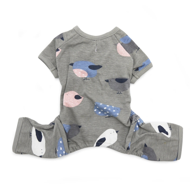 Gray pet pajamas with bird motifs on top and pants, short sleeves and cuffs