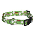 Green patterned dog collar with golf-ball print and black buckle, adjustable