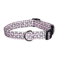Pink dog collar with panda print, black trim, and metal buckle
