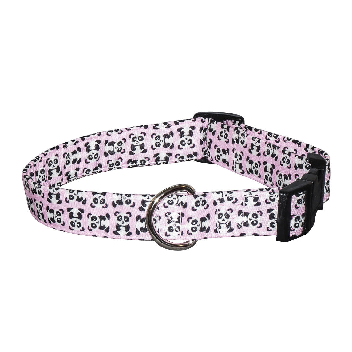 Pink dog collar with panda print, black trim, and metal buckle