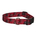 Moose dog collar with red fabric, black moose pattern, silver D-ring, black buckle