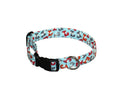 Turquoise fox-print dog collar with black buckle and D-ring, red and white accents