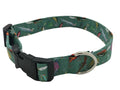 Gone Fishing dog collar with green camo-style fish pattern, black buckle and D-ring